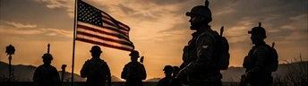 Soldiers with the American flag at sunset